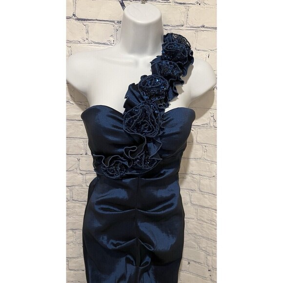 BETSY & ADAM blue cocktail one shoulder Flower detail Blue dress Size 6 Petite - Picture 3 of 8